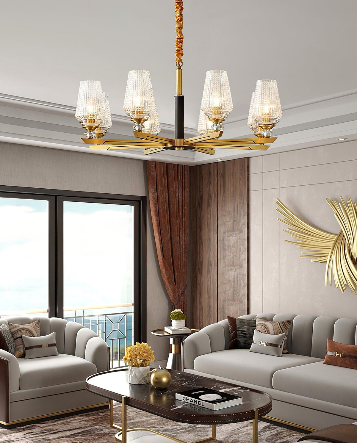 Orrefors Brass Chandelier with Faceted Glass Rings