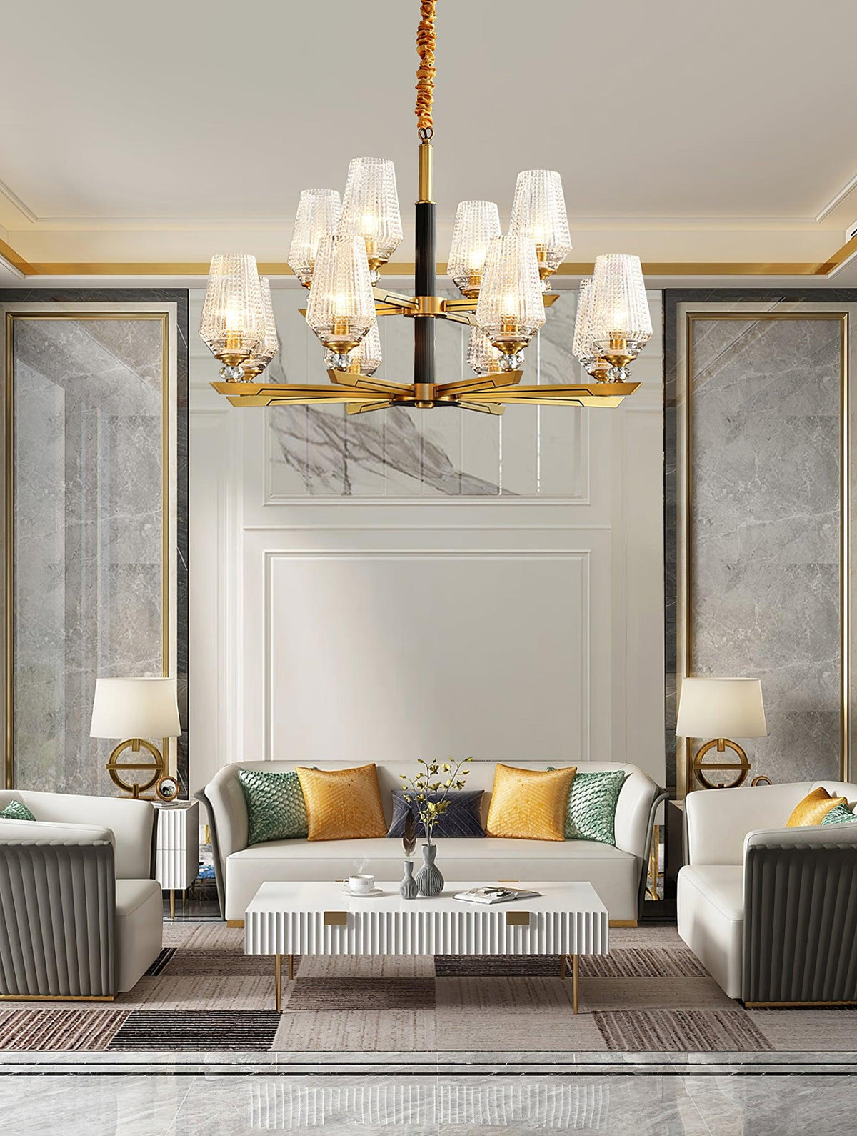 Orrefors Brass Chandelier with Faceted Glass Rings