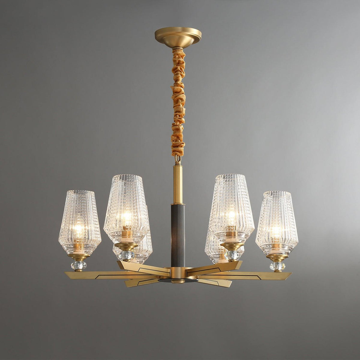 Orrefors Brass Chandelier with Faceted Glass Rings