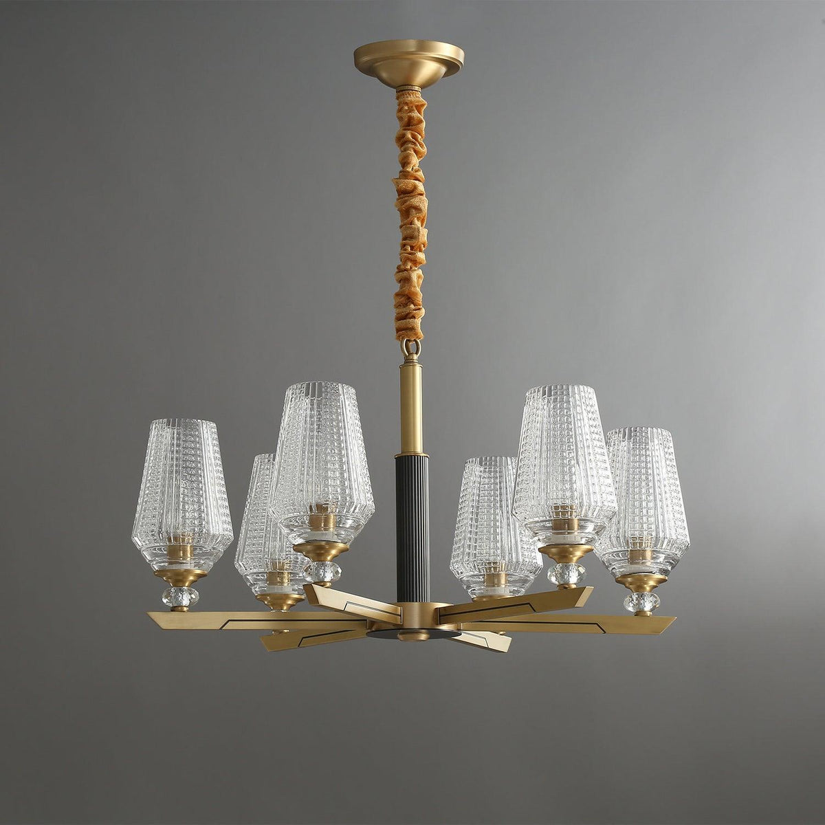 Orrefors Brass Chandelier with Faceted Glass Rings
