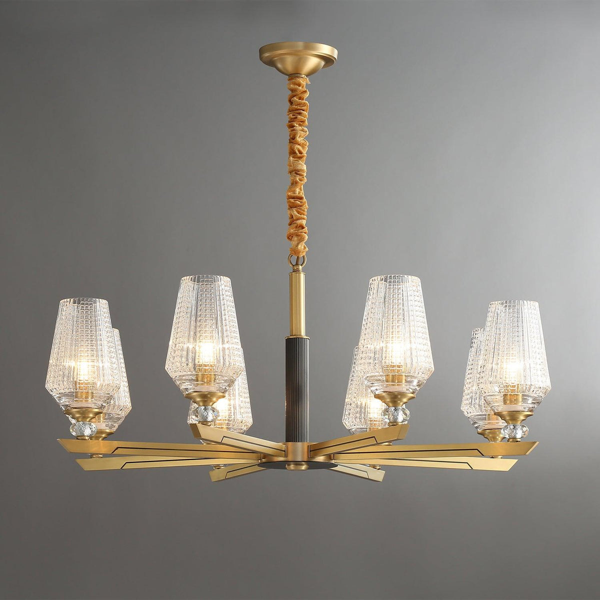 Orrefors Brass Chandelier with Faceted Glass Rings