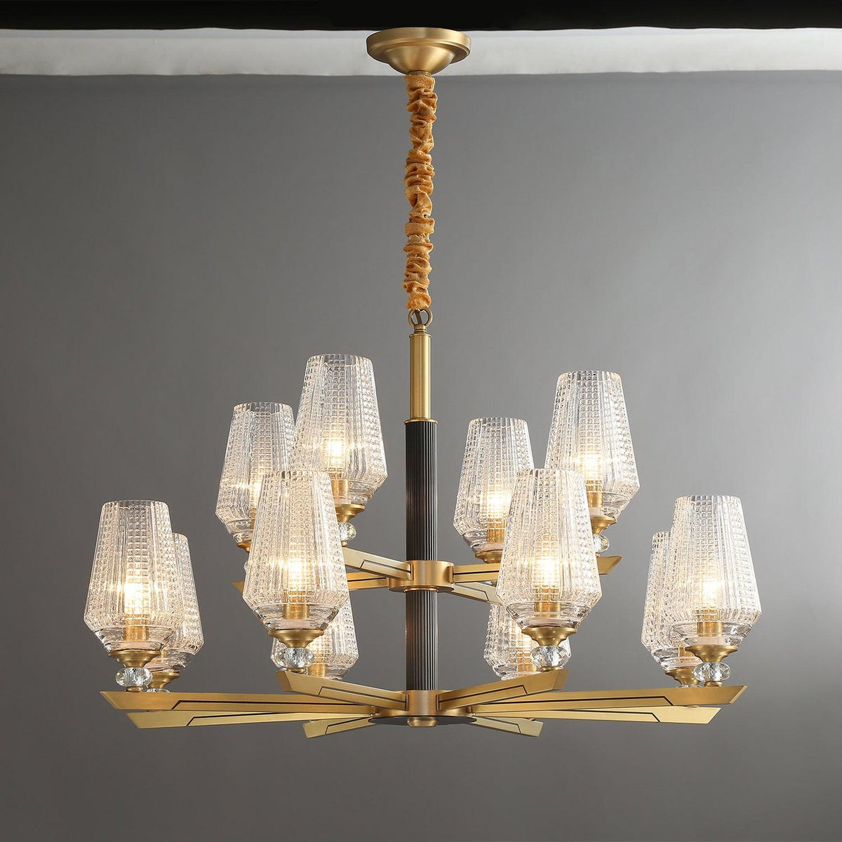 Orrefors Brass Chandelier with Faceted Glass Rings