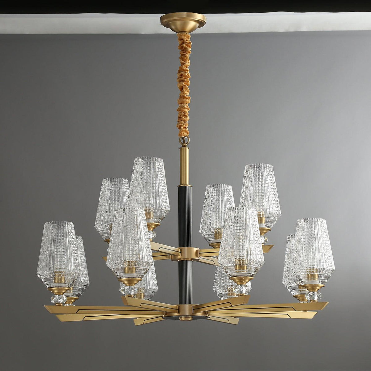 Orrefors Brass Chandelier with Faceted Glass Rings