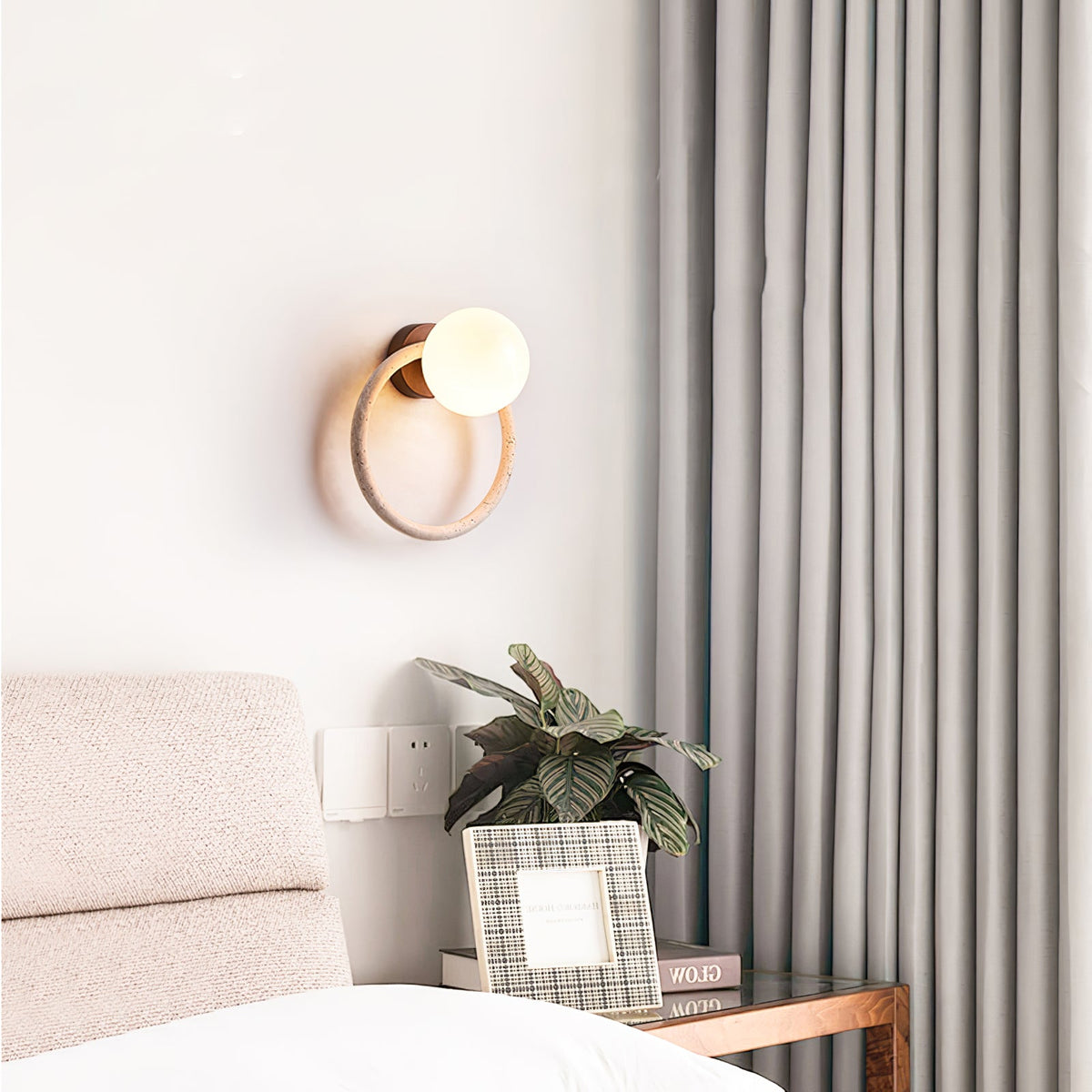 Orria Travertine Wall Sconce with Opaline Glass Globe