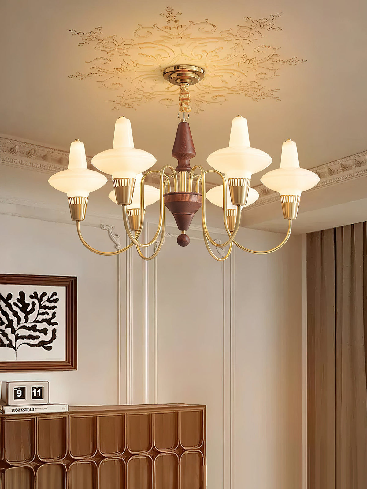 Orvanna Modern Wood and Glass Chandelier with Gold Accents