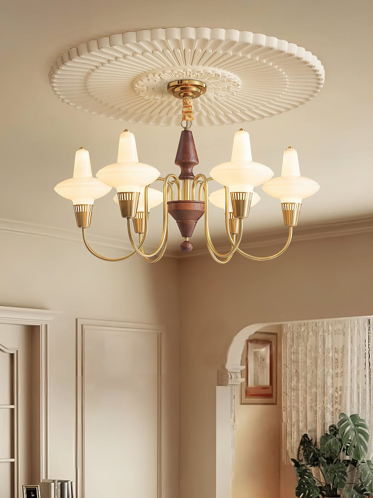 Orvanna Modern Wood and Glass Chandelier with Gold Accents