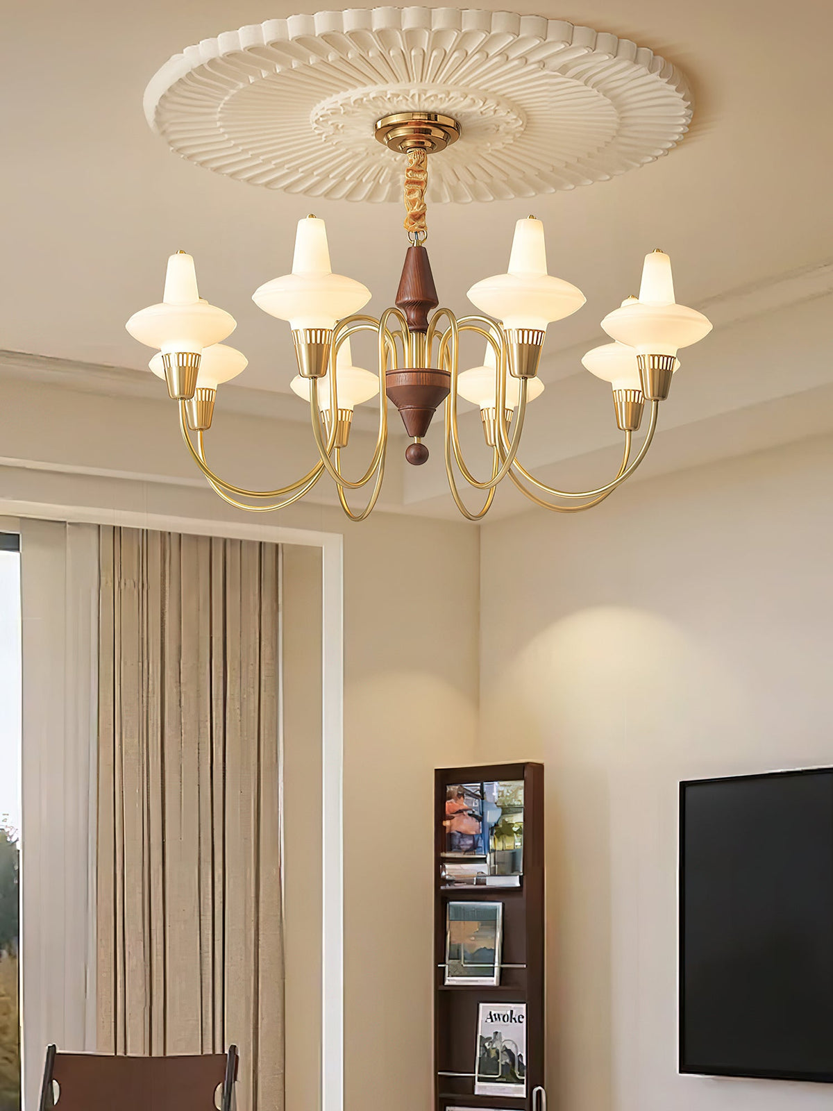 Orvanna Modern Wood and Glass Chandelier with Gold Accents