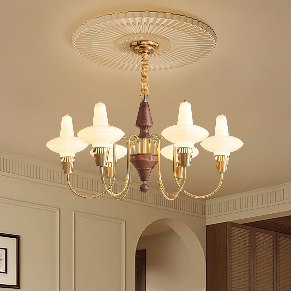 Orvanna Modern Wood and Glass Chandelier with Gold Accents