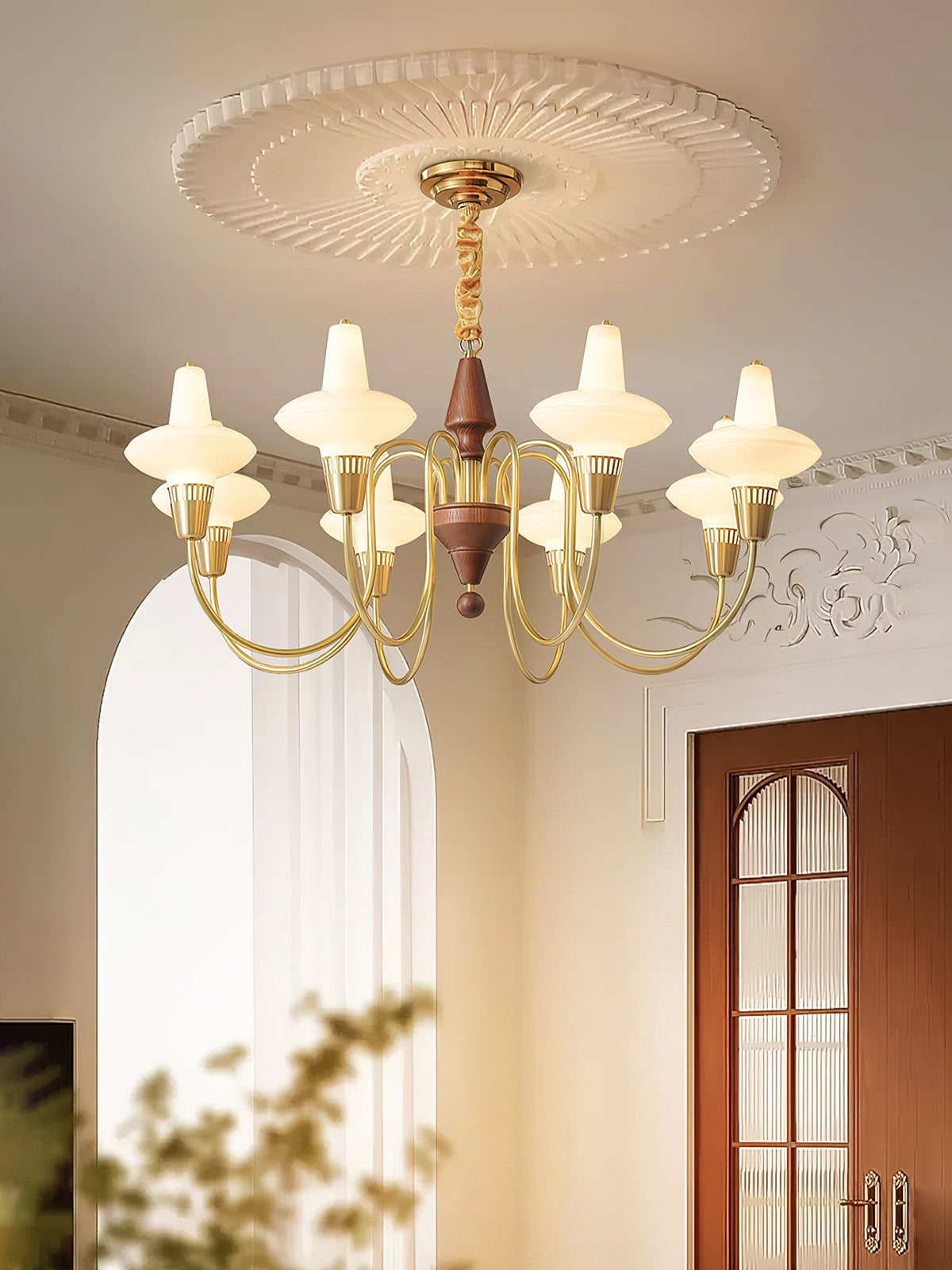 Orvanna Modern Wood and Glass Chandelier with Gold Accents