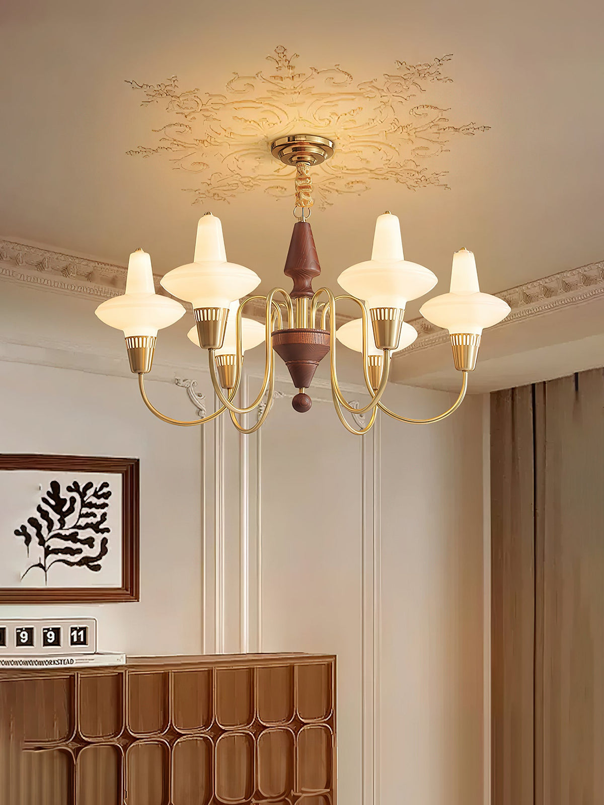 Orvanna Modern Wood and Glass Chandelier with Gold Accents