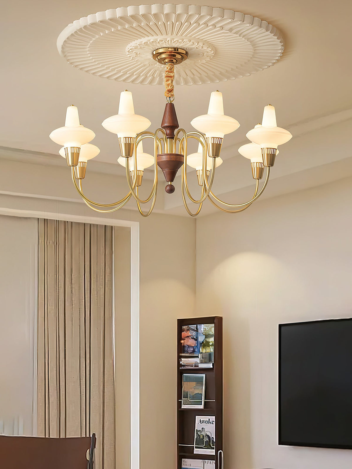 Orvanna Modern Wood and Glass Chandelier with Gold Accents