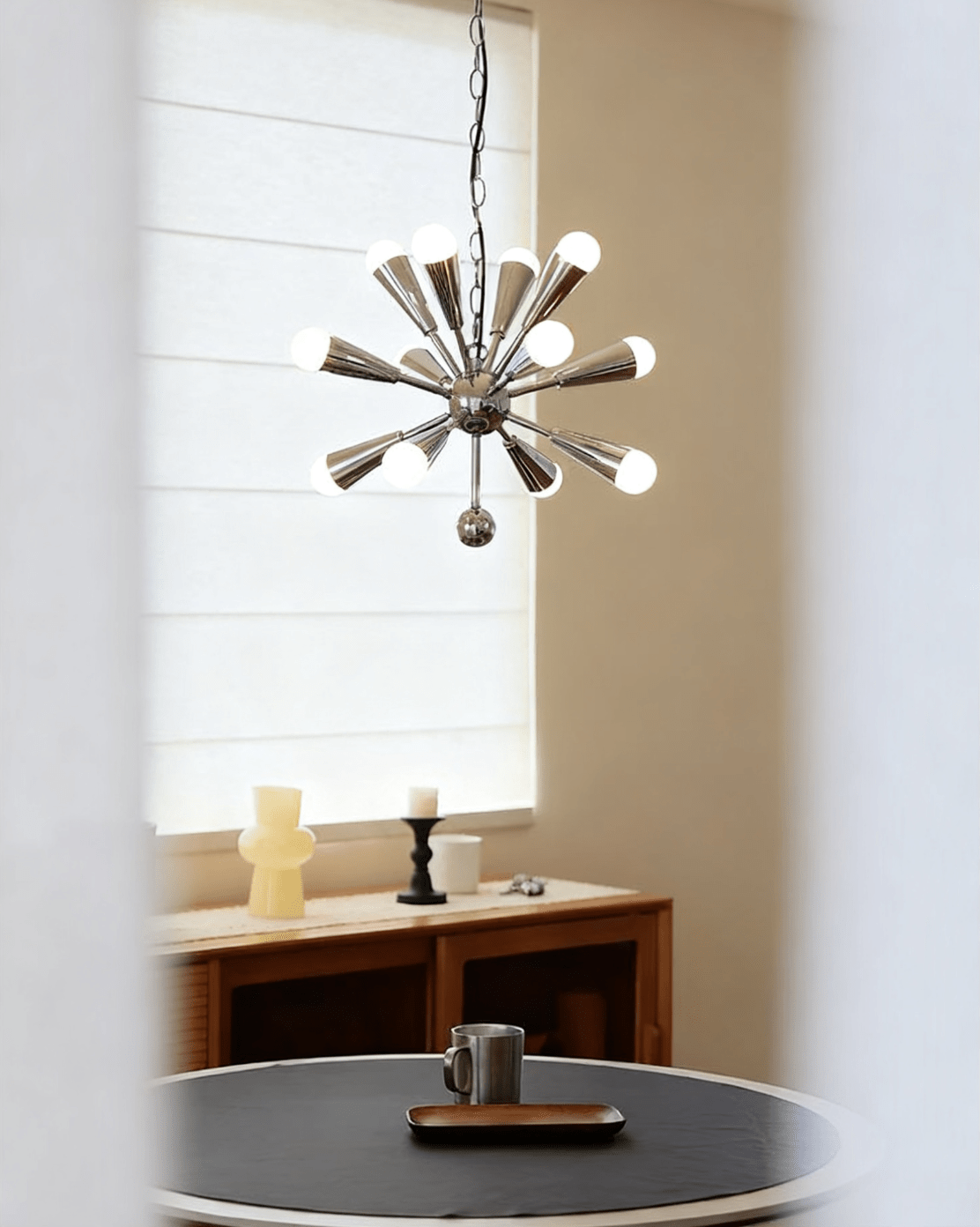 Orvian Chrome Starburst Chandelier, Mid-Century Modern Ceiling Light for Dining Room and Living Space