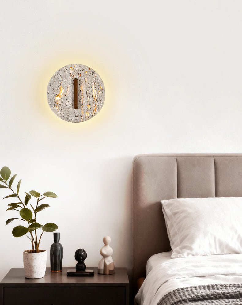 Orynn Wall Lamp in Yellow Travertine with Walnut Accent | Modern LED Wall Sconce