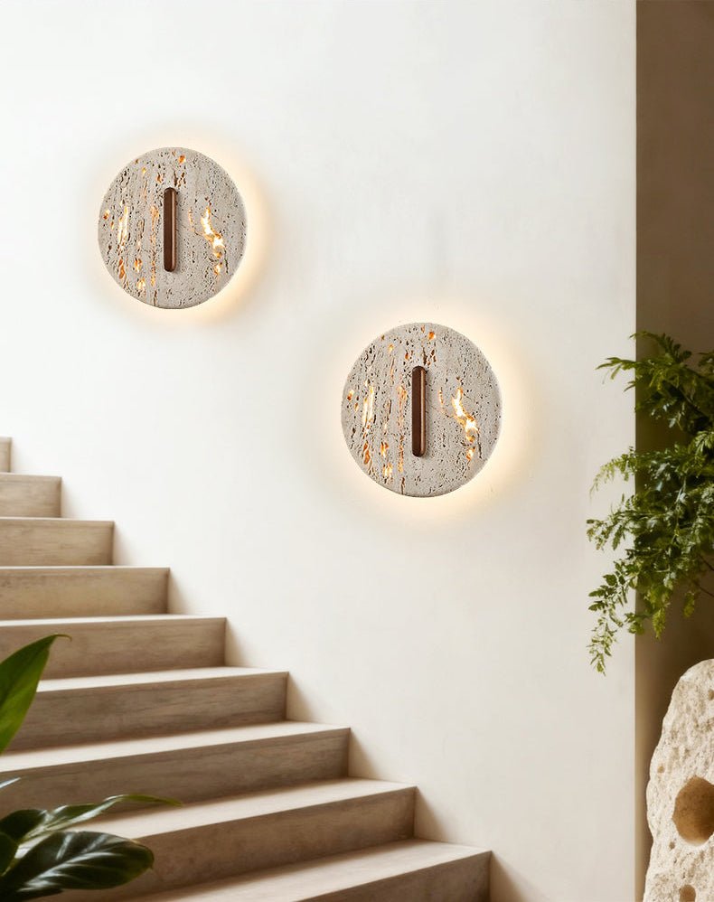 Orynn Wall Lamp in Yellow Travertine with Walnut Accent | Modern LED Wall Sconce