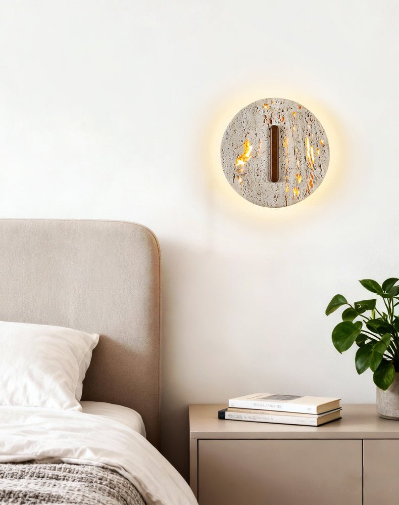 Orynn Wall Lamp in Yellow Travertine with Walnut Accent | Modern LED Wall Sconce