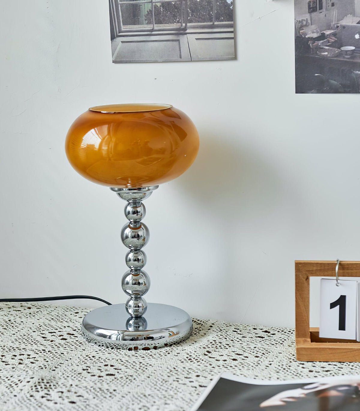 Oval Persimmon Table Lamp – Chrome & Glass, Mid-Century Modern Desk Light