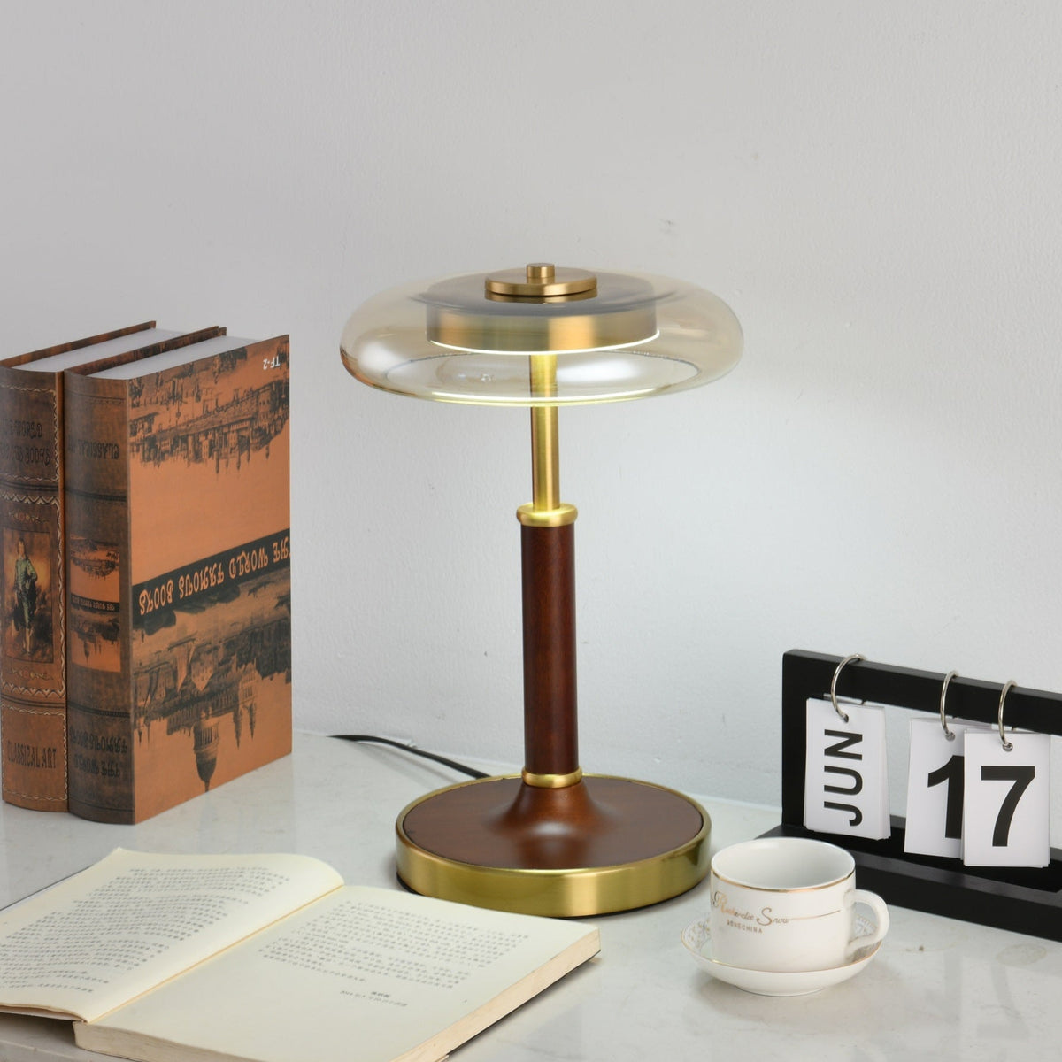 Ovalo Table Lamp with Glass Shade and Walnut Wood Base