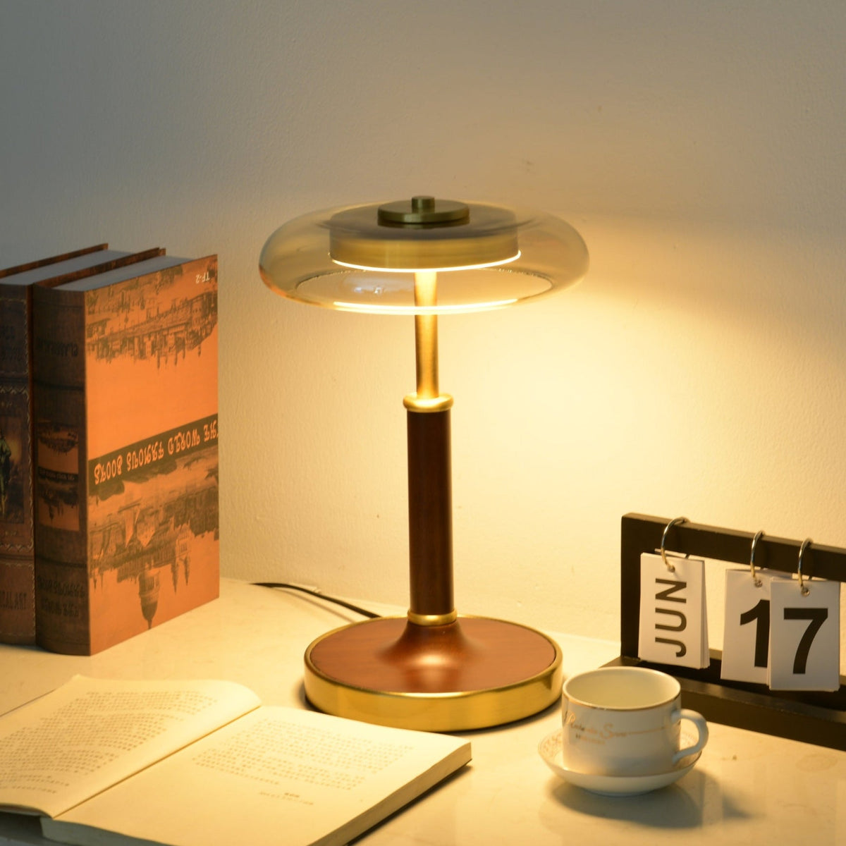 Ovalo Table Lamp with Glass Shade and Walnut Wood Base