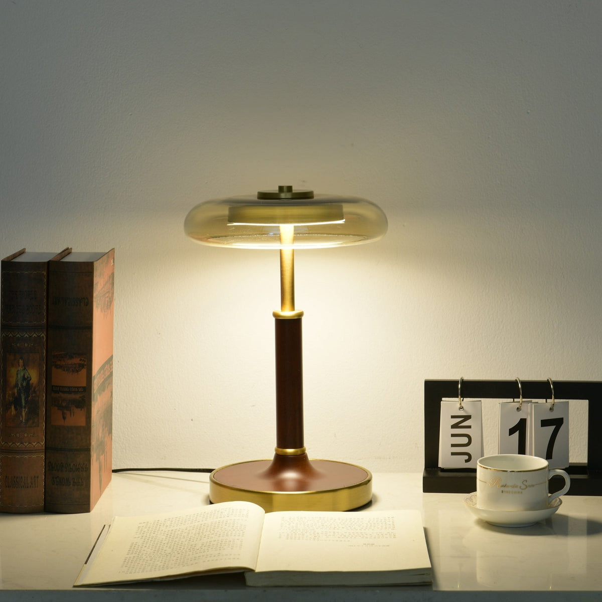 Ovalo Table Lamp with Glass Shade and Walnut Wood Base