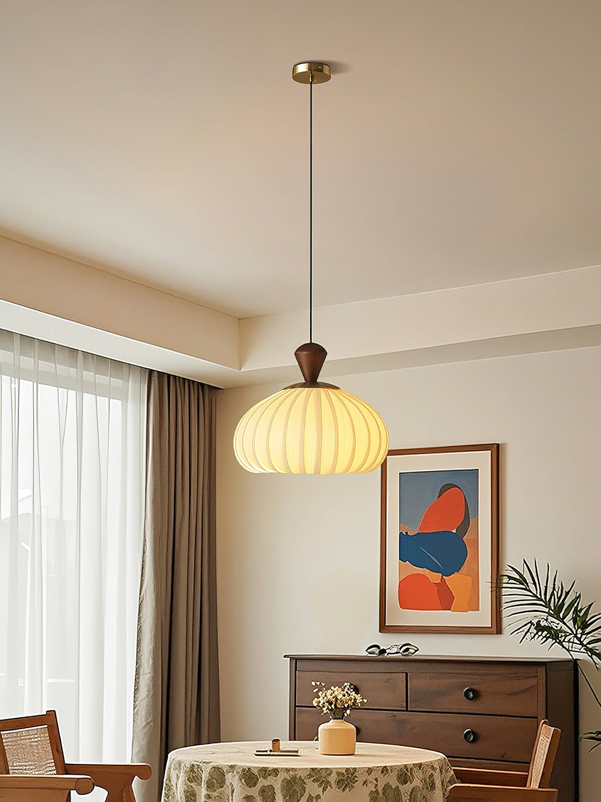 Ovola Pleated Pendant Light – Modern Wood & Fabric Drum Shade