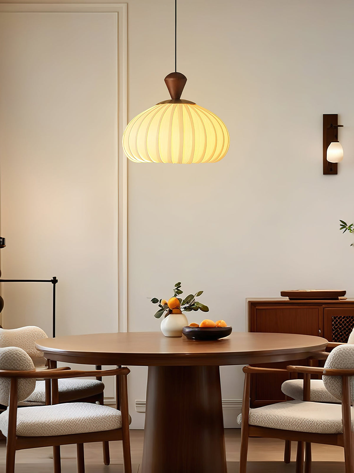 Ovola Pleated Pendant Light – Modern Wood & Fabric Drum Shade