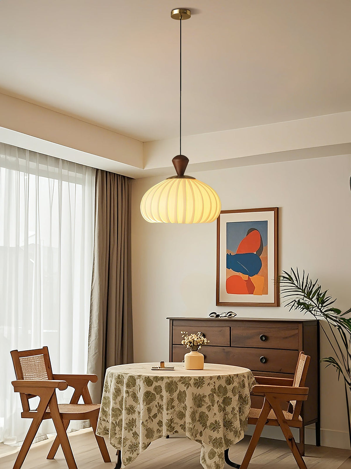 Ovola Pleated Pendant Light – Modern Wood & Fabric Drum Shade