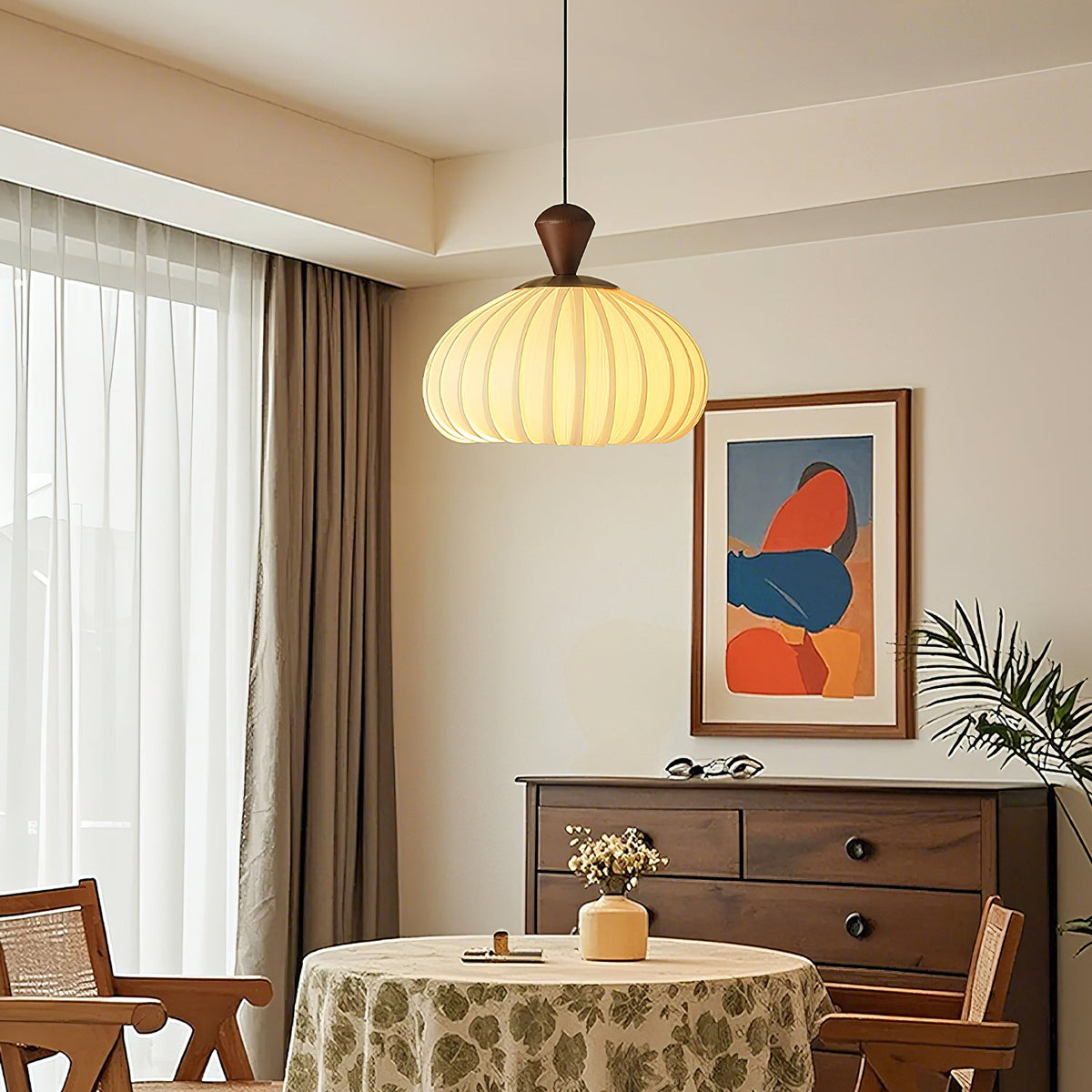 Ovola Pleated Pendant Light – Modern Wood & Fabric Drum Shade