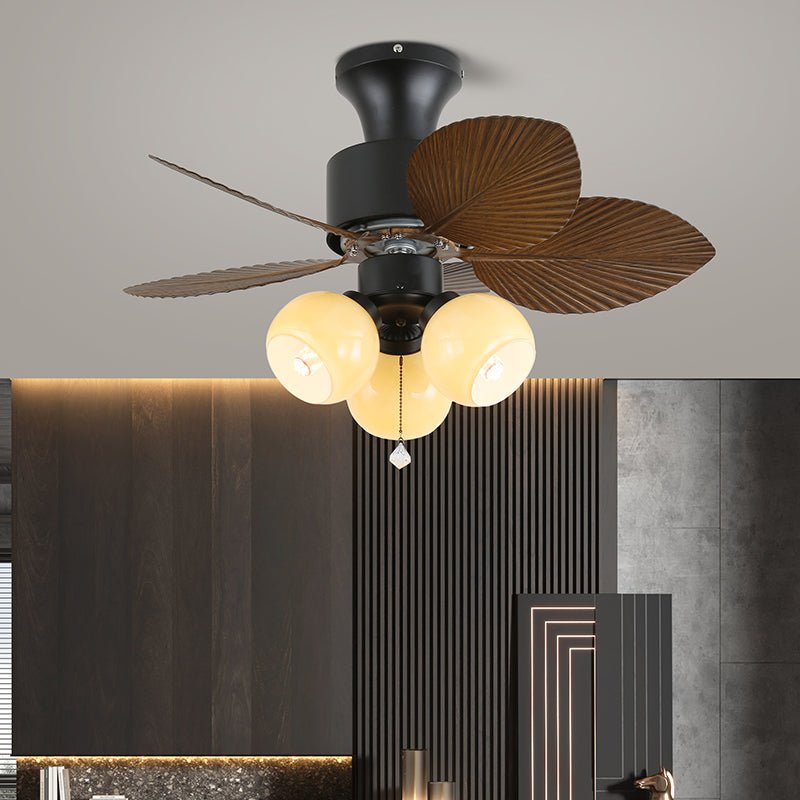 Palm Cove Breeze Ceiling Fan Light with Palm Leaf Blades and Amber Glass Shade