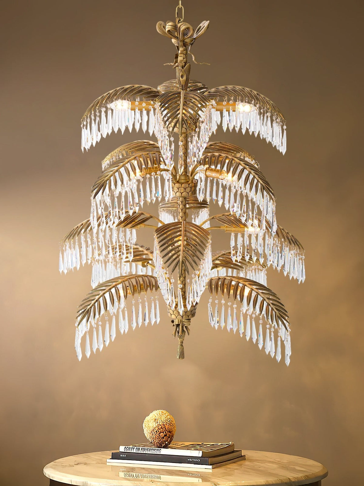 Palmera Brass Chandelier – Art Deco Crystal Palm Frond Light