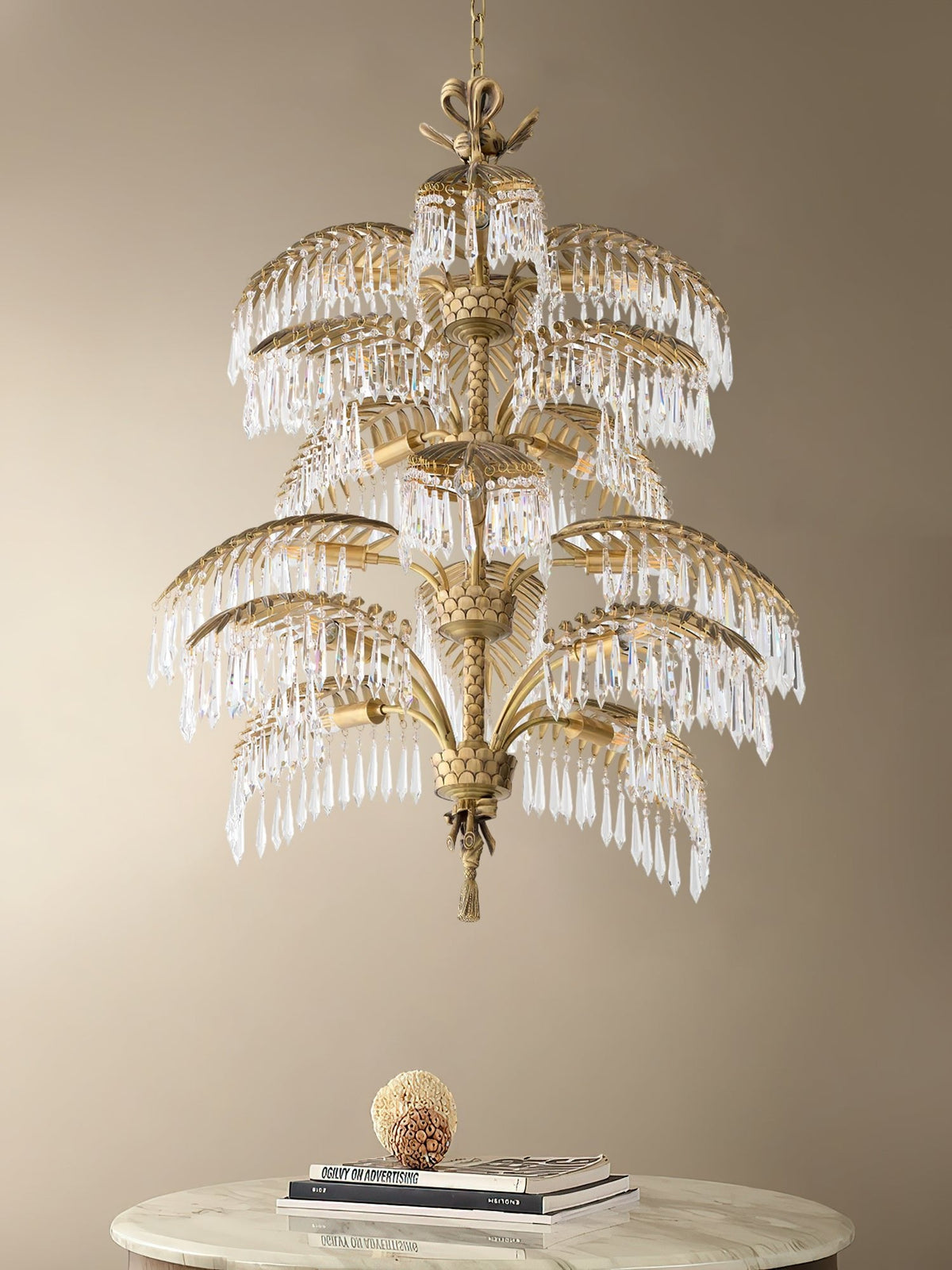 Palmera Brass Chandelier – Art Deco Crystal Palm Frond Light