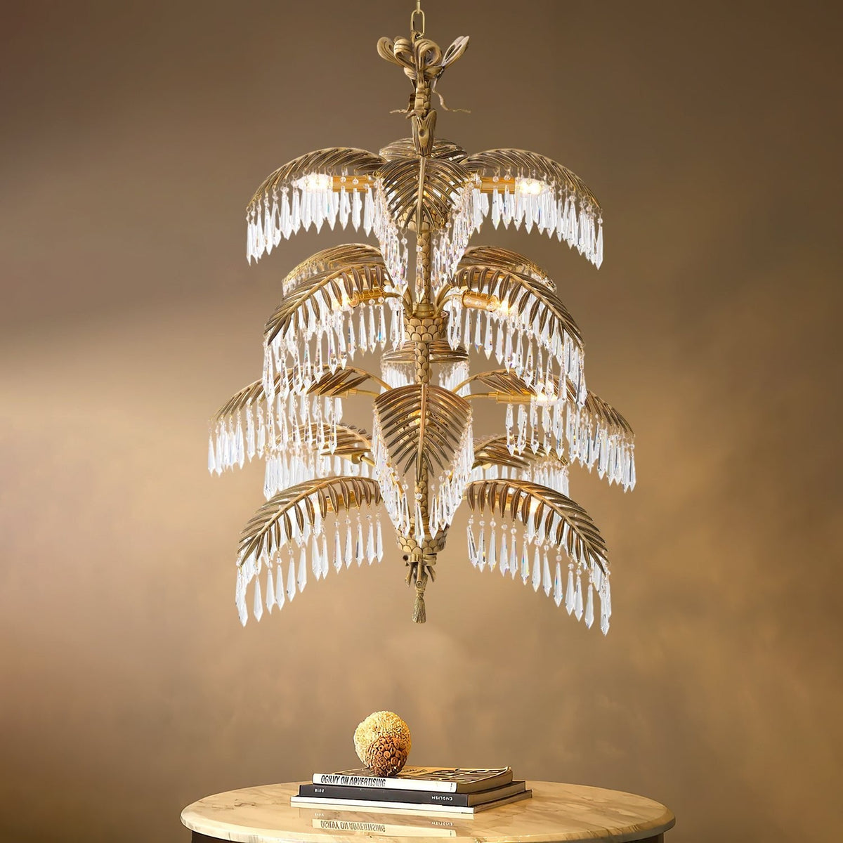 Palmera Brass Chandelier – Art Deco Crystal Palm Frond Light