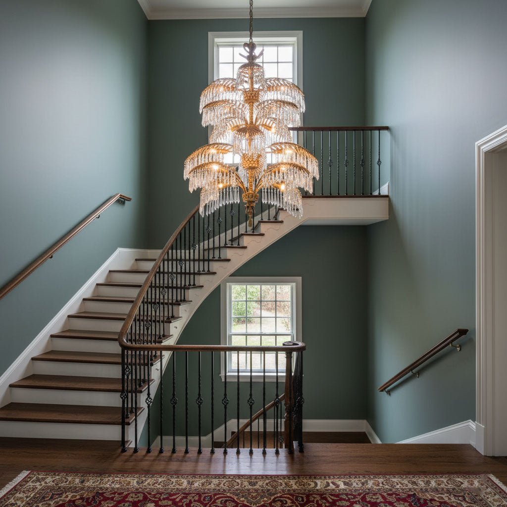 Palmera Brass Chandelier – Art Deco Crystal Palm Frond Light