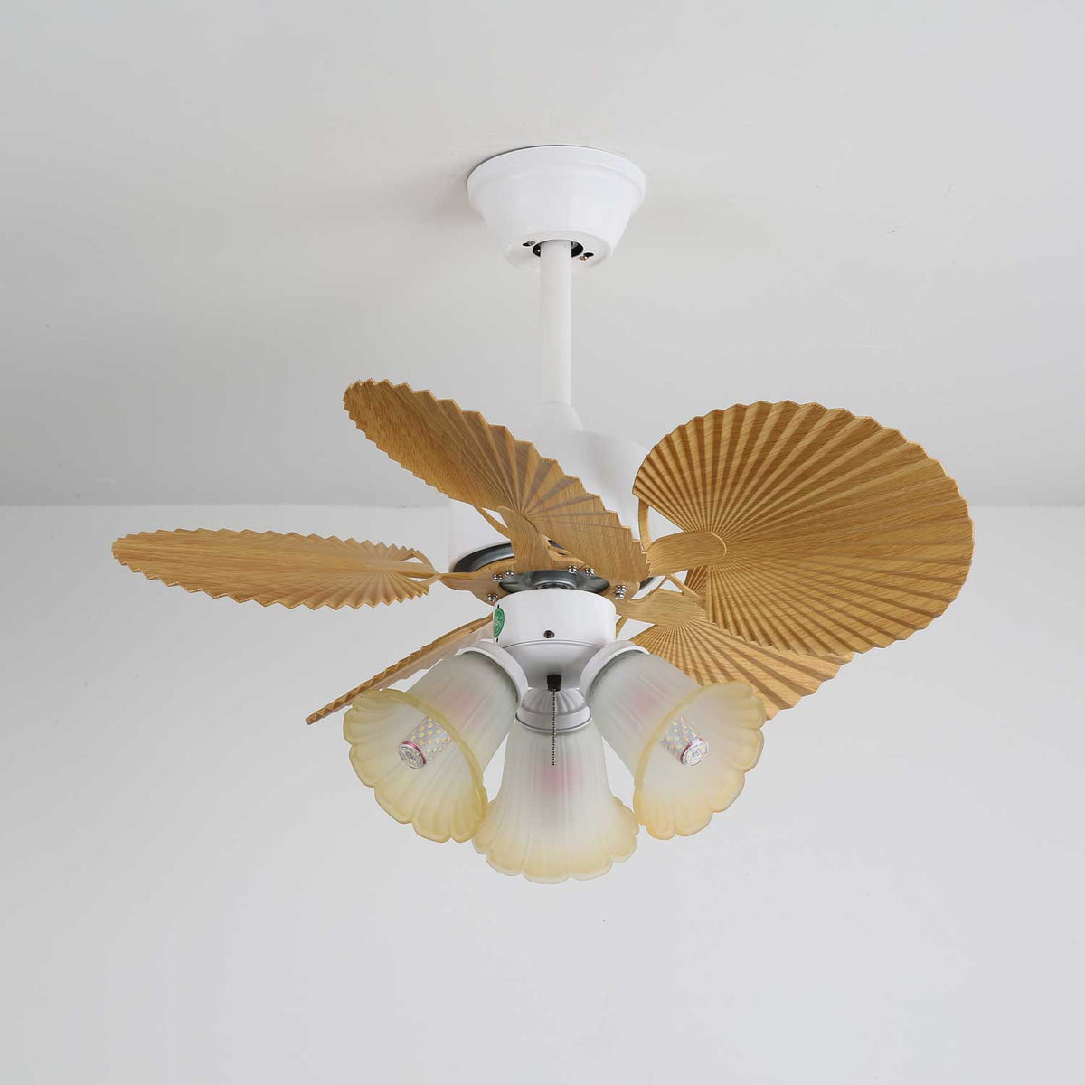 Palmera Bloom Ceiling Fan with Light, Coastal Leaf Blades & Scalloped Glass Shades