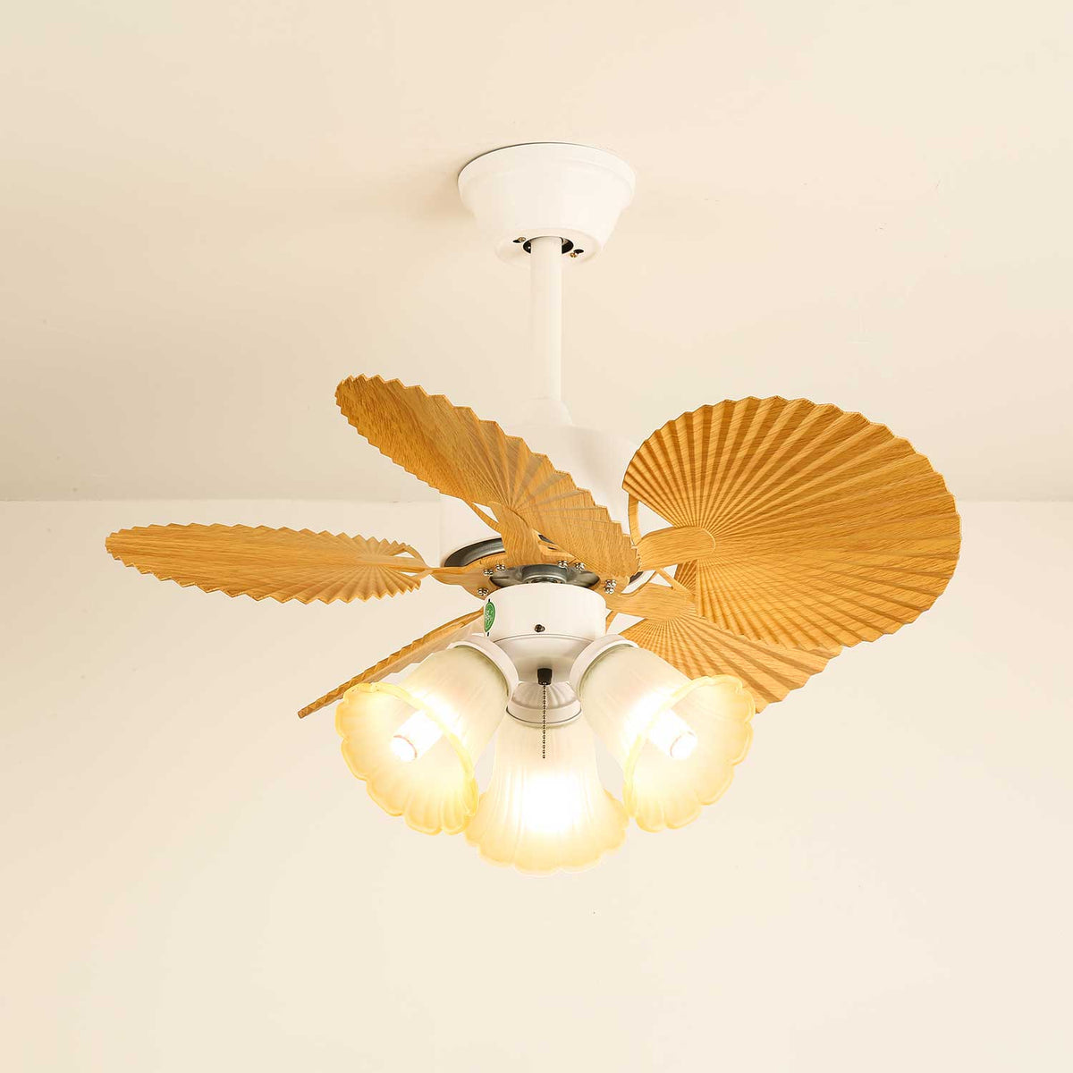 Palmera Bloom Ceiling Fan with Light, Coastal Leaf Blades & Scalloped Glass Shades