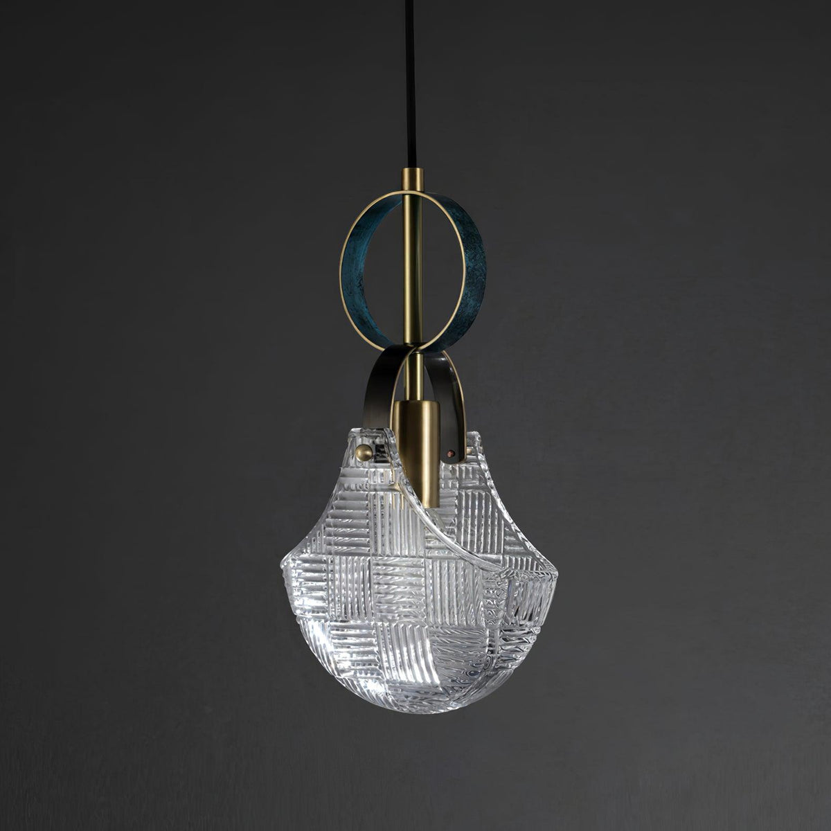 Parson Pendant Light in Blue Brass with Curved Glass Shade