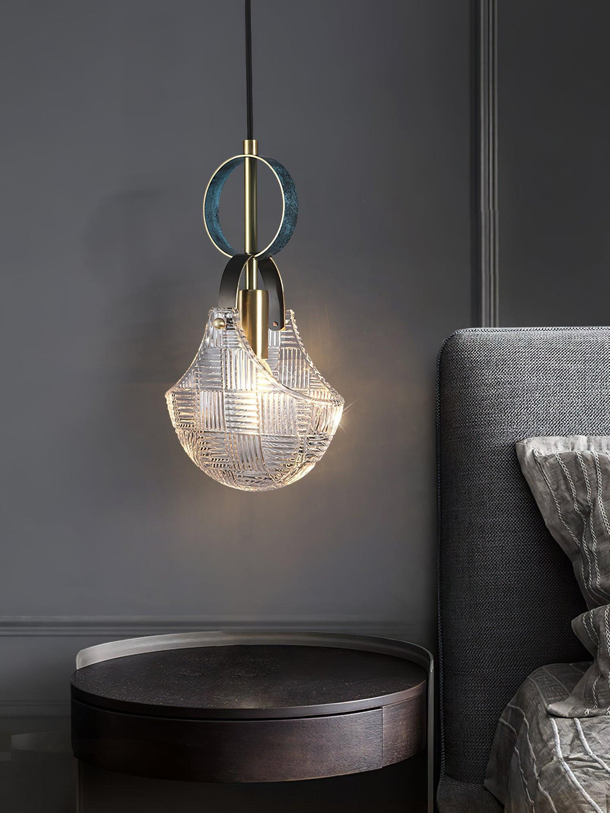 Parson Pendant Light in Blue Brass with Curved Glass Shade