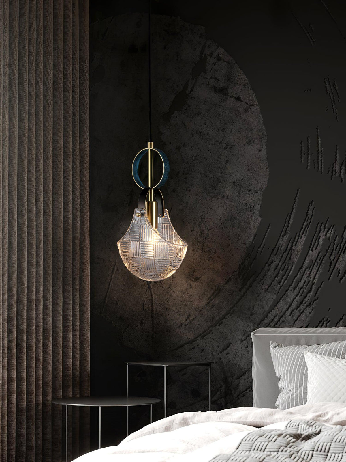 Parson Pendant Light in Blue Brass with Curved Glass Shade