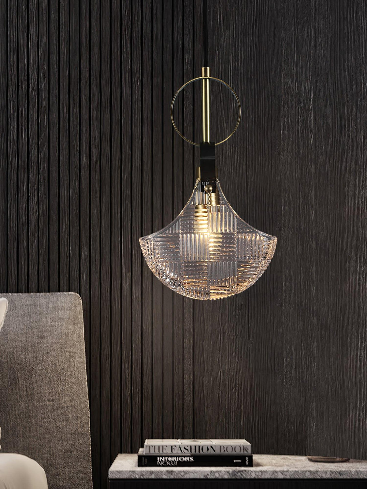 Parson Pendant Light in Blue Brass with Curved Glass Shade