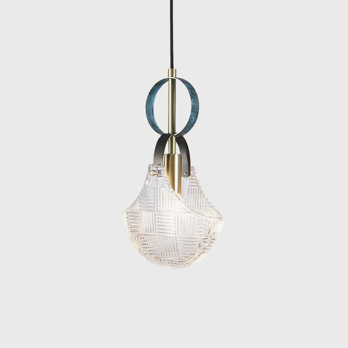 Parson Pendant Light in Blue Brass with Curved Glass Shade