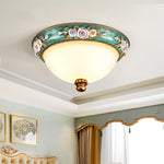 Pastoral Bowl Flush Mount Ceiling Light in Blue and White Glass