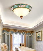 Pastoral Bowl Flush Mount Ceiling Light in Blue and White Glass