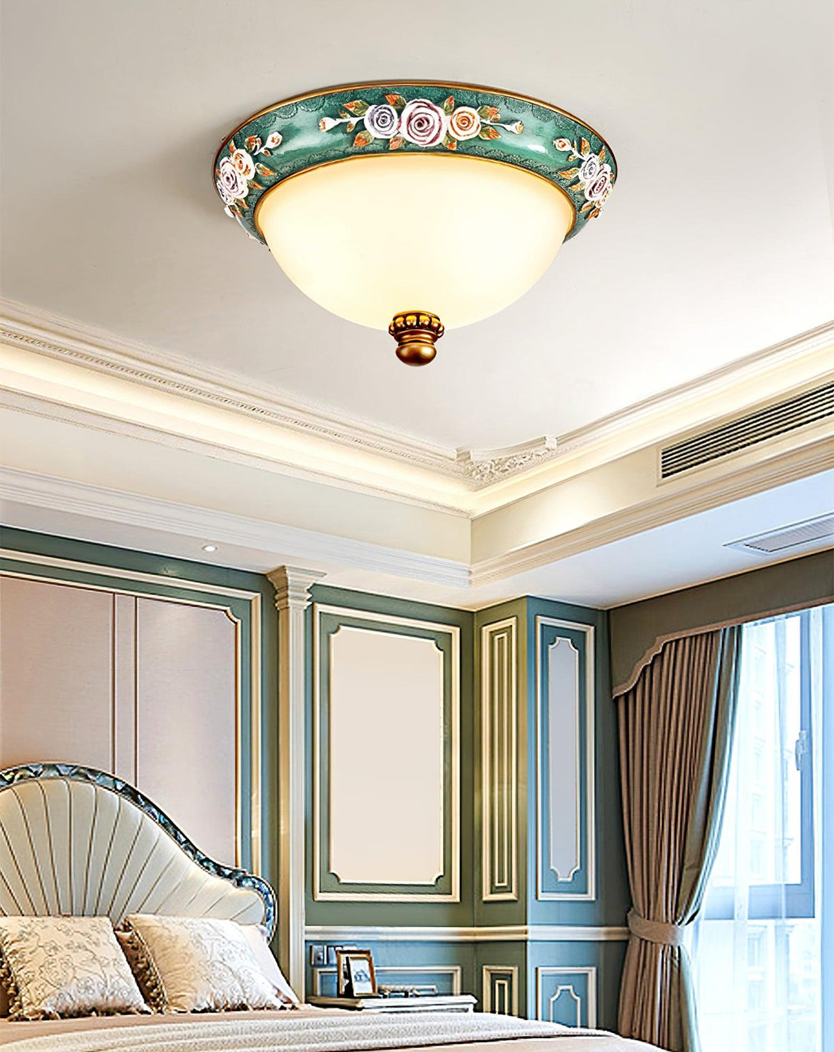 Pastoral Bowl Flush Mount Ceiling Light in Blue and White Glass