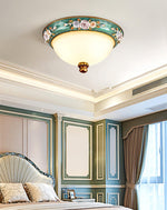 Pastoral Bowl Flush Mount Ceiling Light in Blue and White Glass