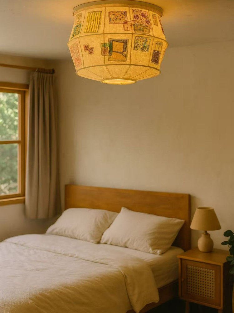 Patchwork Quilt Fabric Drum Ceiling Light for Bedroom and Living Room