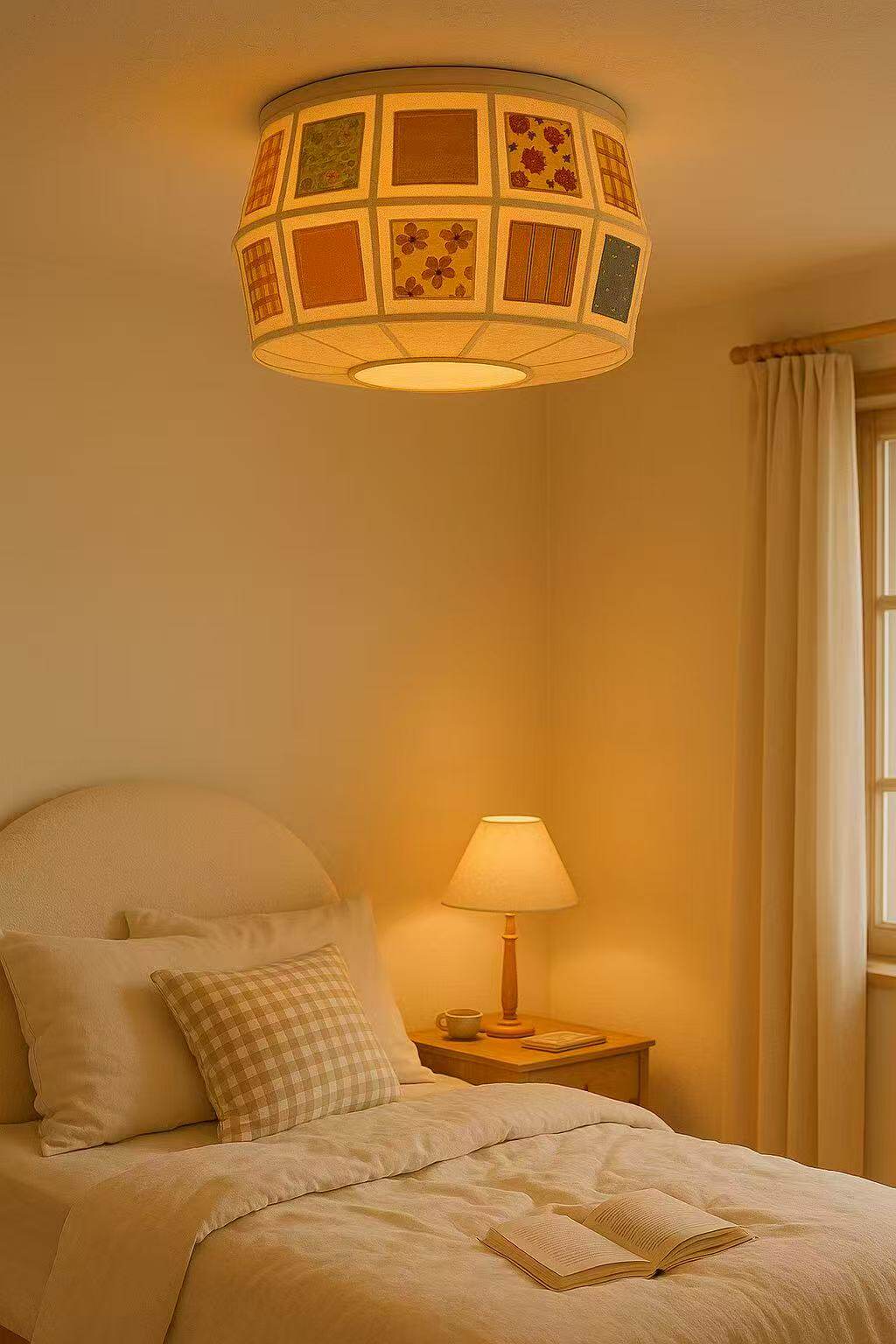 Patchwork Quilt Fabric Drum Ceiling Light for Bedroom and Living Room