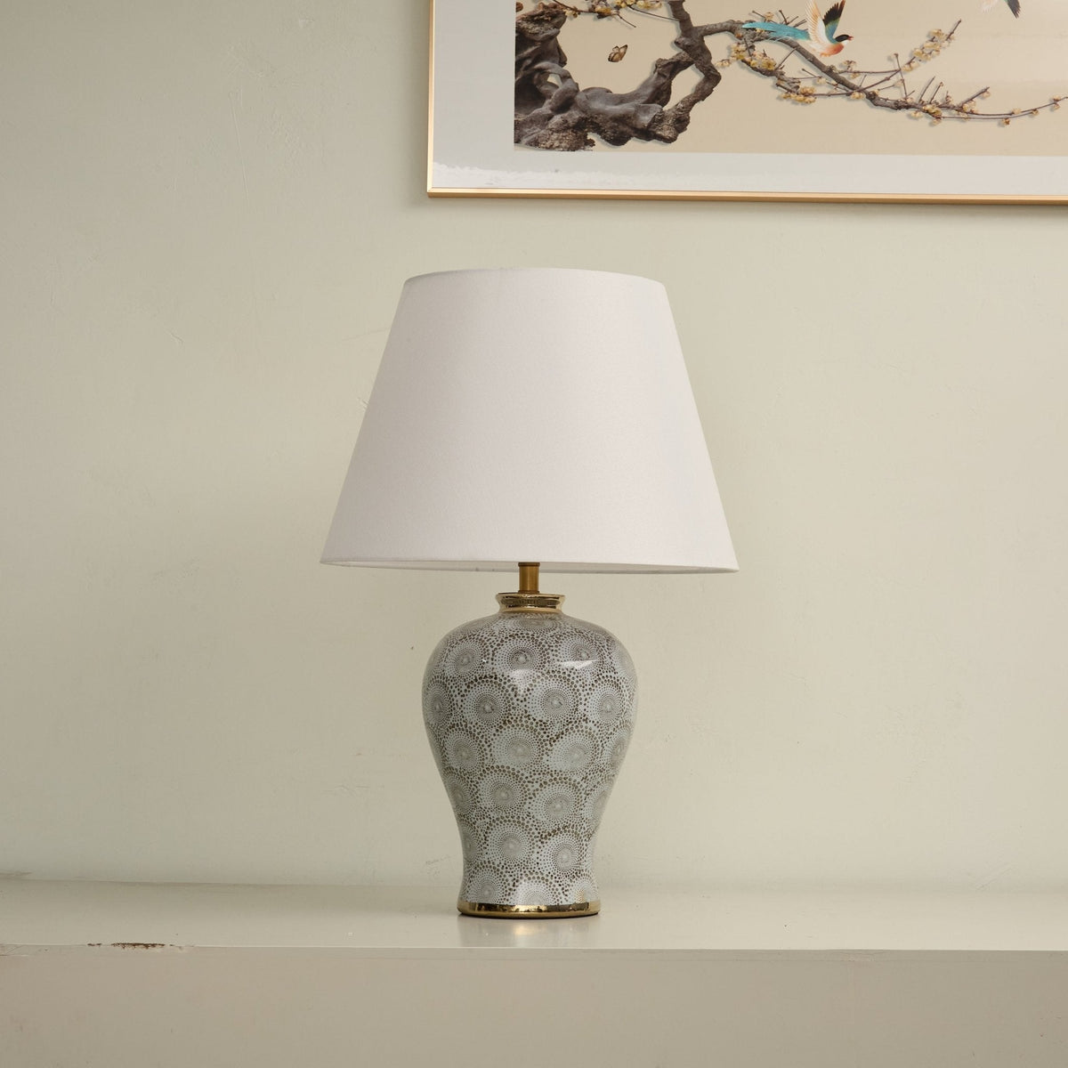 Artisan Ceramic Table Lamp with Patterned Vase Base and Beige Linen Shade