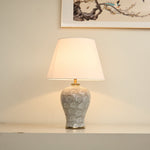 Artisan Ceramic Table Lamp with Patterned Vase Base and Beige Linen Shade