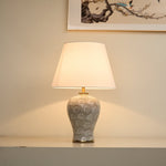 Artisan Ceramic Table Lamp with Patterned Vase Base and Beige Linen Shade