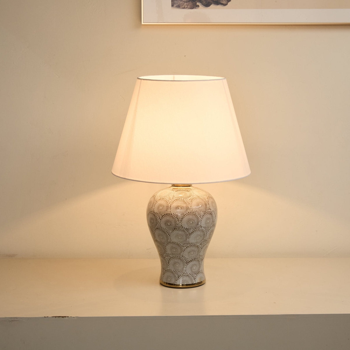 Artisan Ceramic Table Lamp with Patterned Vase Base and Beige Linen Shade