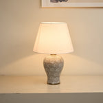 Artisan Ceramic Table Lamp with Patterned Vase Base and Beige Linen Shade